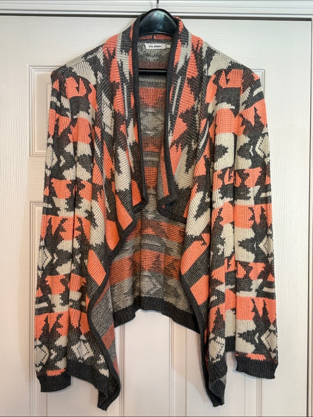 Blu Pepper Open-Front Aztec Print Sweater Cardigan - Coral, Cream & Charcoal
